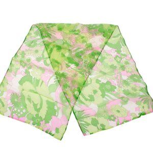 Vintage Floral Sheer Organdy Scarf With Green & Pink Design